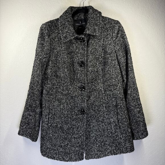 Women's London Fog Black Tweed Button Front Coat Size Medium - Picture 1 of 8